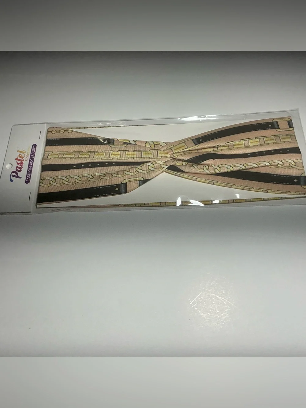 Beige & Gold Chain Print Twist Headband